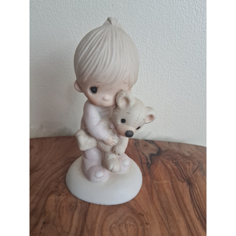 Precious Moments Boy Hugging Teddy Bear Porcelain Figurine Pastel Purple Pajamas